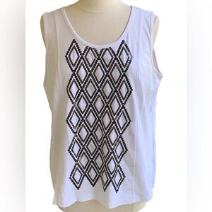 Bob Mackie Sequin Tank Top L Argyle White QVC Artsy Blouse Wearable Art Shirt